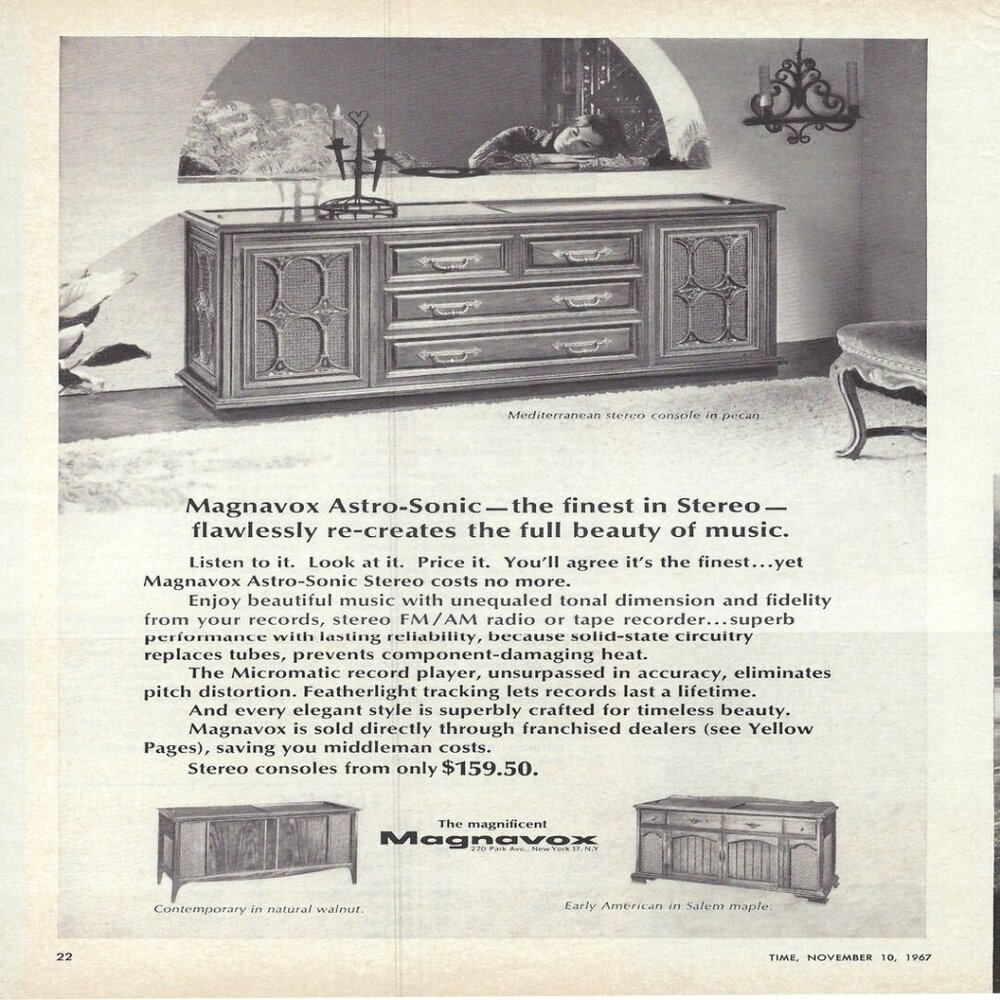 1967 Magnavox Astro-Sonic Finest Wooden Stereo Music Vintage Print Ad/Poster